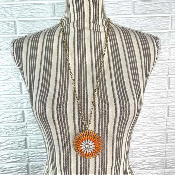 Jewelry - Long Rhinestone and Resin Medallion Pendant Statement Necklace Orange Grey